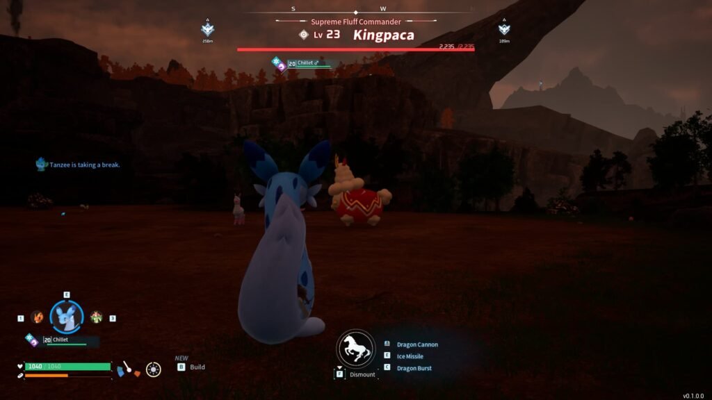 A player and his Chillet approach a Kingpaca in Palworld.
